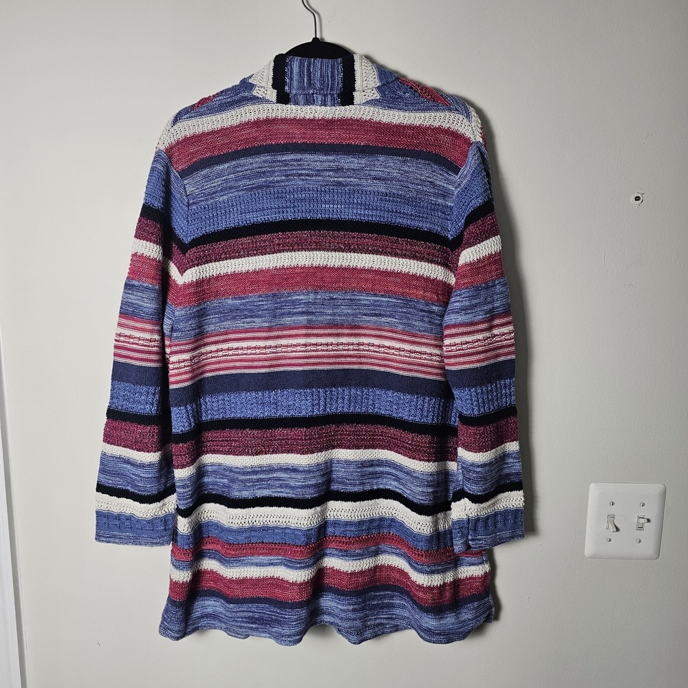 J. Jill Cardigan Sweater XL Blue Pink Striped Shawl Collar Button Front Grandma - Picture 2 of 8